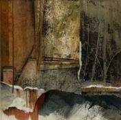 LESLEY BARKER RCA mixed media collage - entitled verso 'Old Church Wall', 12.5 x 12.5cms Provenance:
