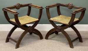 PAIR OF TUDOR STYLE OAK X-FRAME CHAIRS, carved with Tudor roses, upholstered pad seats, 78 (h) x