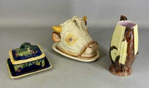 ASSORTED CERAMICS, including Majolica style sardine dish and cover, bull's head cheese dish,