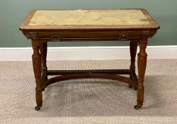 OAK SINGLE DRAWER DESK, c. 1900, with tooled top, reeded supports, and crinoline stretcher, 74 (h) x