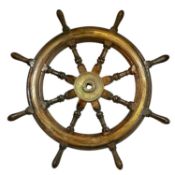 LARGE WOODEN SHIP'S WHEEL, eight spoke, with brass hub and rim, 108cms (diam.) Provenance: private