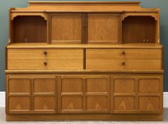 MID-CENTURY PARKER KNOLL LOW DRESSER, raised back with cupboard to either side flanking plate