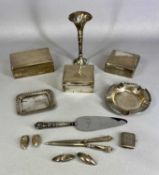 ASSORTED SILVER COLLECTABLES, including three cigarette boxes, circular ashtray, rectangular pin