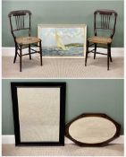 PAIR OF ANTIQUE SPINDLE BACK & RUSH SEATED CHAIRS, a hexagonal oak framed bevelled glass, oval