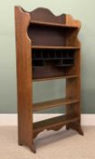 EDWARDIAN OAK OPEN BOOKCASE with five shelves, centre with pigeonholes, 151 (h) x 77 (w) x 25cms (d)