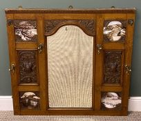 LATE 19TH CENTURY OAK HALL STAND, wall mounted, central mirror with arched bevelled plate, flanked