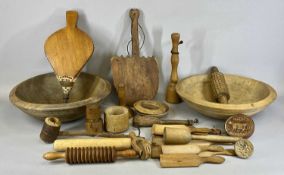 WELSH TREEN, including two sycamore dairy bowls, 44cms (diam.), butter stamps and pats, etc.