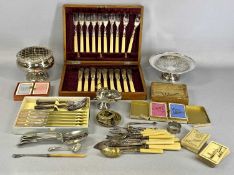 VARIOUS PLATED ITEMS, including cased fish knives and forks, various cutlery, plated rose bowl,
