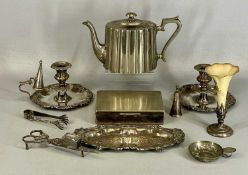 ASSORTED PLATED ITEMS, including two Sheffield plate chamber sticks, one with snuffer; EPNS