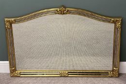 LARGE MODERN GILT FRAMED OVERMANTEL MIRROR with arched top, bevelled plate, 90 (h) x 130cms (w)