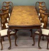 LARGE BURR WALNUT DINING TABLE, rectangular top with serpentine ends and carved rim, carved cabriole