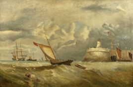 T. GARNON (c. 1850-1910) oil on canvas - seascape with boats and lighthouse to side, signed lower