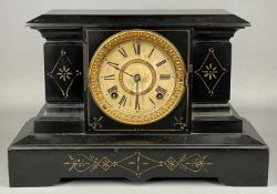ANSONIA BLACK SLATE EFFECT STEEL MANTEL CLOCK, 8-day movement striking on a gong, 25 (h) x 39 (w)