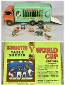 TRI-ANG CIRCUS VAN, pressed steel with red cab, blue body with drop-down ramp, rubber tires,