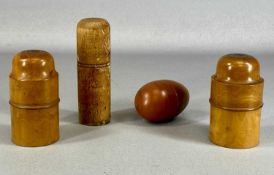 TWO 19TH CENTURY GLASS APOTHECARY BOTTLES, contained in boxwood cases, 11.5cms (h); and two other