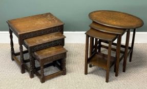 TWO NESTS OF THREE TABLES, carved oak, largest 48 (h) x 51 (w) x 34cms (d); and a mahogany oval