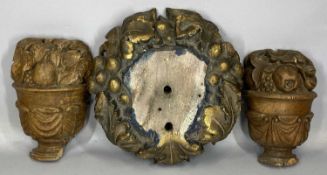 TWO CARVED WOOD SCONCES WITH BOWLS OF FRUIT, 28cms (h); and another heavily carved wood sconce