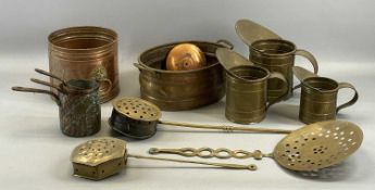 MIXED METALWARE including brass milk skimmer, graduated set of copper measures, oval brass
