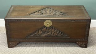 CARVED CHINESE LIFT-TOP CAMPHOR WOOD BLANKET CHEST, 51 (h) x 121 (w) x 50cms (d) Provenance: private