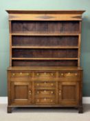 EARLY 19TH CENTURY OAK WELSH DRESSER, boarded plate rack back, four centre drawers, further drawer