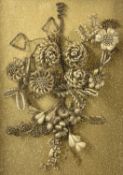 EARLY 19TH CENTURY HAND-WOVEN HAIRWORK ART PICTURE of a floral bouquet, mounted in a case, 23.5 (