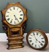 WALNUT DROP-DOWN PENDULUM WALL CLOCK, 75 (h) x 40cms (w); and a school type wall clock with