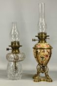 VICTORIAN OIL LAMP with brass frame, decorated ceramic reservoir, twin burners, 35cms (h)