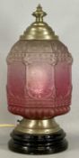 RETRO TABLE LAMP with black ceramic base and nickel fittings, blown and etched octagonal pink and