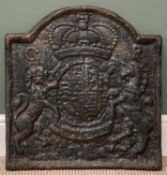 CHARLES II STYLE CAST IRON FIRE BACK, with Royal Coat of Arms, 58 (h) x 55 (w) x 4cms (d)