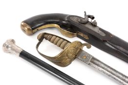 MILITARY CLUB HOUSE: PISTOL, SWORD & CANE, the percussion cap pistol converted from a flintlock