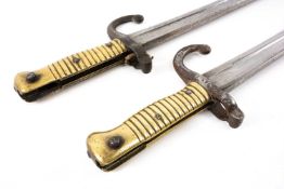 MILITARY CLUB HOUSE: TWO FRENCH M.1866 CHASSEPOT BAYONETS, fullered steel curving blades, one no.