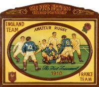 RUGBY UNION CLUB HOUSE: FIVE NATIONS CHAMPIONSHIP WOODEN VIGNETTE, carved in relief, commemorating