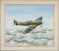 MILITARY CLUB HOUSE: COLIN G. PATTLE (Canadian, 20th C.) oil on board - RAF Spitfire P9398 in flight