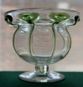 JAMES POWELL & SONS CLEAR GLASS FOOTED BOWL, with green peacock feather trail decoration, 15cm (