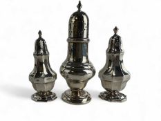 PAIR OF EDWARDIAN SILVER PEPPER POTS, William Hutton & Sons, London 1904, 10cms (h), 83g; and a