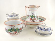 VICTORIAN FLORAL PATTERN TOILET JUG & BOWL with matching chamber pot, no. 1484 and a pair of small