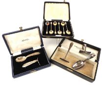 ASSORTED SILVER GROUP including cased set of six silver gilt coffee spoons, cased child's pusher and