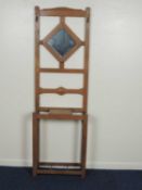 OAK HALL STAND, diamond shaped mirror back, two oxidised double coat hooks, 193 (h) x 61 (w) x 24cms