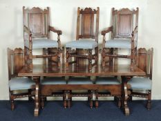 QUALITY 18TH CENTURY STYLE OAK DINING SUITE, comprising trestle style dining table, 205 x 82cms,