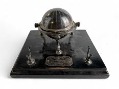 EDWARDIAN SILVER MOUNTED PRESENTATION INKSTAND, Sheffield 1902, with jockey cap swivel cover (no