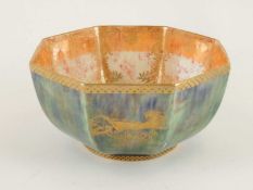 WEDGWOOD FAIRYLAND LUSTRE OCTAGONAL BOWL, green with gilt details, Portland vase mark to base, no.