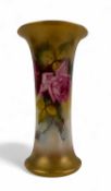 ROYAL WORCESTER VASE, cylindrical form with flared rim and base, hand-painted with roses, signed '