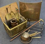 ASSORTED METALWARE, including vintage copper and brass fireguard, graduated set of copper and