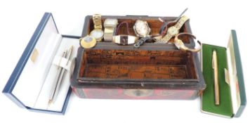 DECORATIVE ORIENTAL PAINTED WOODEN NECK REST BOX containing assorted decorative wristwatches,