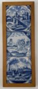 THREE DELFT BLUE AND WHITE TILES, 18th or 19th Century, framed, 41cm x 15.5cm Provenance: private