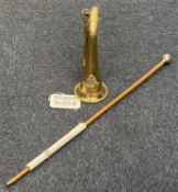 EARLY 19TH CENTURY ROYAL ARTILLERY BRASS BUGLE, with applied crest, and a Malacca swagger stick,