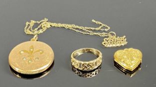 9CT GOLD JEWELLERY, including heart shaped locket, ‘Special Friend’ pendant with chain, and a Celtic