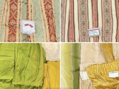 VARIOUS CURTAINS & DRAPES AND UPHOLSTERER'S LEATHER, including pair of gold velvet curtains,