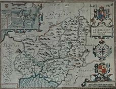 JOHN SPEEDE, Anno Domini 1610, hand coloured engraved map 'Caermarden both Shyre and Towne described