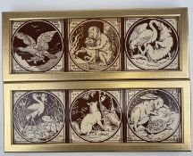 SET OF SIX MINTON AESOP'S FABLES TILES, designed by John Moyr-Smith, later framed in threes, 19cm